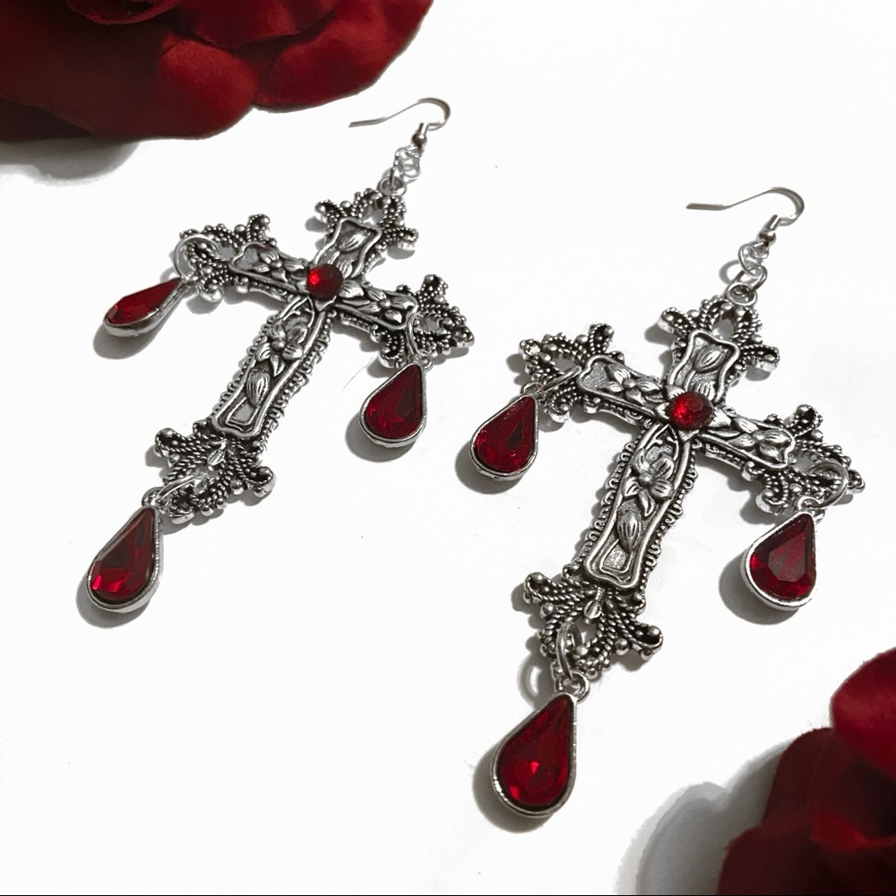 Vampire Goth Cross Earrings (Red)